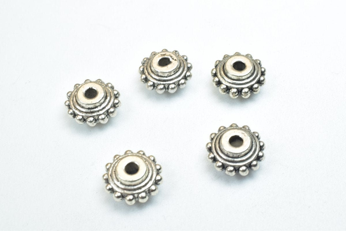 Antique Silver Charm Beads - Rondelle Spacer Beads, 10mm Size, Alloy Metal, Rustic Finish - Jewelry Making Kit