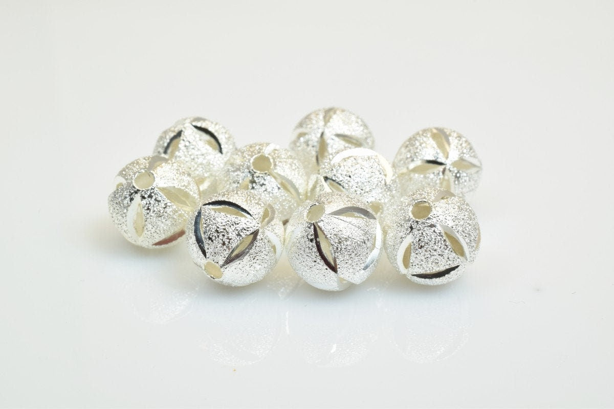 25 PCs Silver Plated Carved Round Beads 10mm Diamond Cut jewelry making supplies - detail image 2