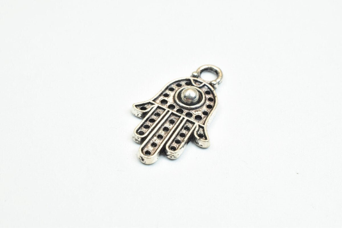 16 PCs Silver Alloy Hamsa Hand Charm Beads Antique Silver Size 20x12mm Decorative Design Metal Beads 3mm JumpRing Opening...