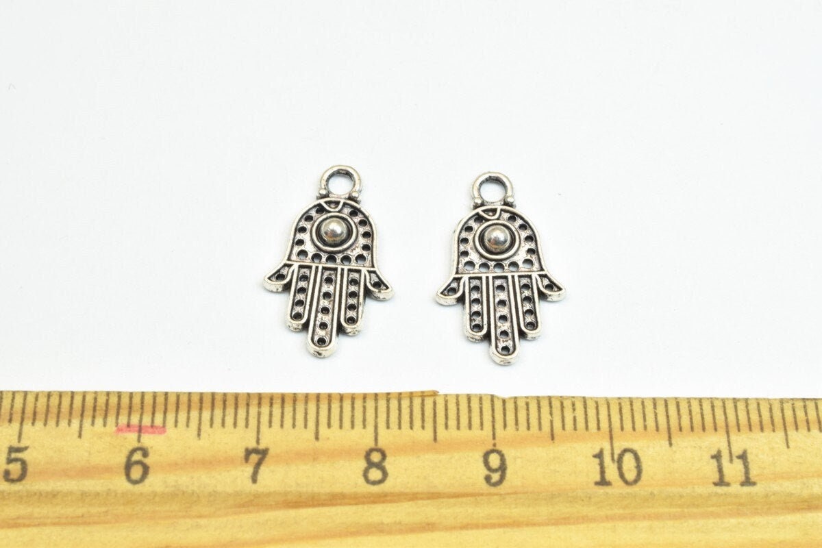 16 PCs Silver Alloy Hamsa Hand Charm Beads Antique Silver Size 20x12mm Decorative Design Metal Beads 3mm JumpRing Opening...