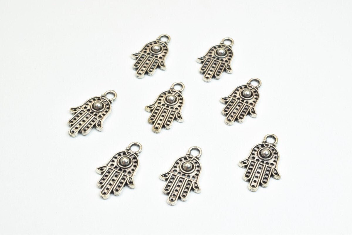 16 PCs Silver Alloy Hamsa Hand Charm Beads Antique Silver Size 20x12mm Decorative Design Metal Beads 3mm JumpRing Opening...