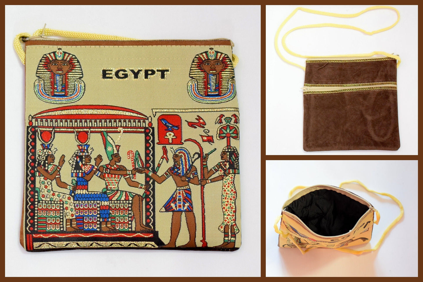 Egyptian Fabric Bags Tote: Ancient Egyptian Hieroglyphics and Pharaoh Design (Brown Velvet, 7x8 Inches, Lightweight)