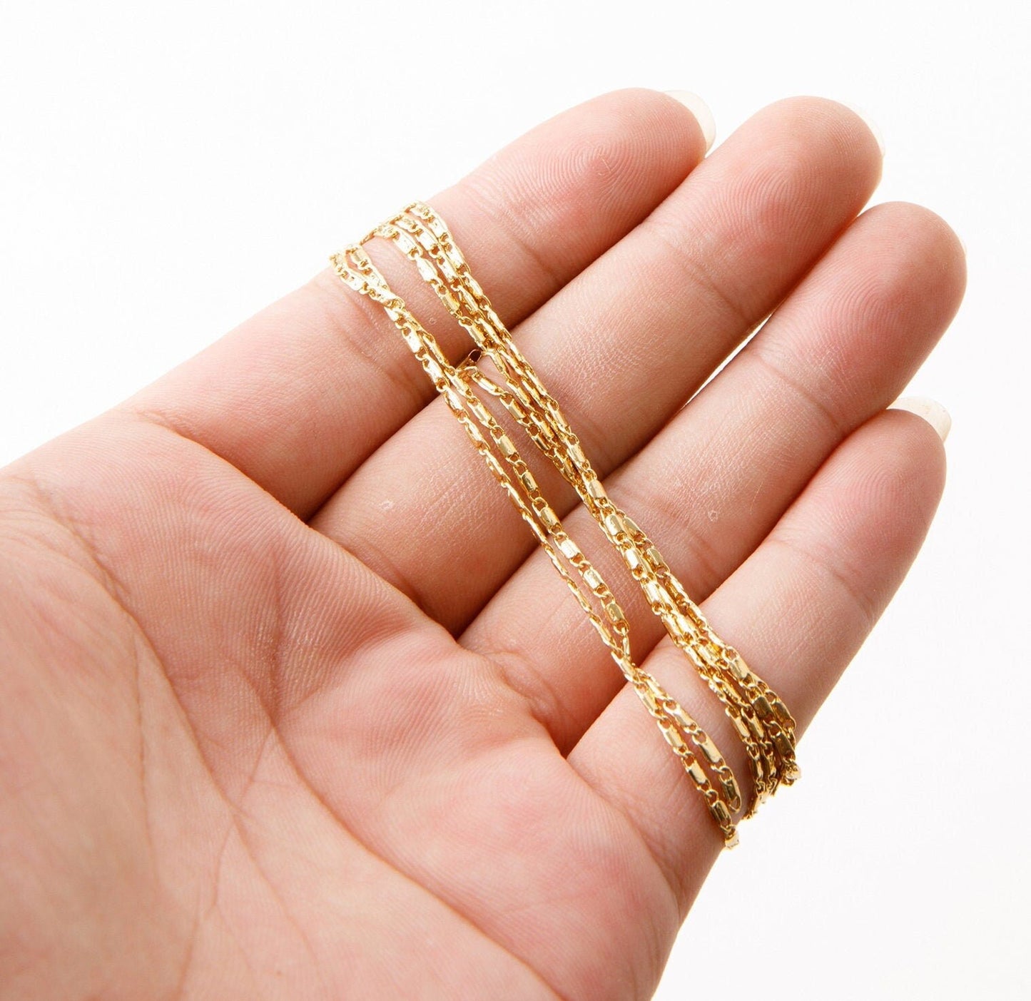 Bar Chain Jewelry Supply, Electroplated Gold Flat Beading Chain, 1.5mm (Tarnish Resistant, 18K Gold Filled, Sold by Foot)