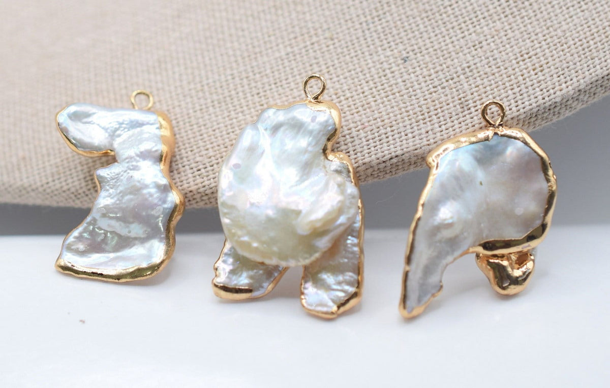Fresh Water Pearl Connector Gold Plated Frame Beads, Horizontal Style (7 Designs, 20-30mm, Pave CZ Rhinestones)