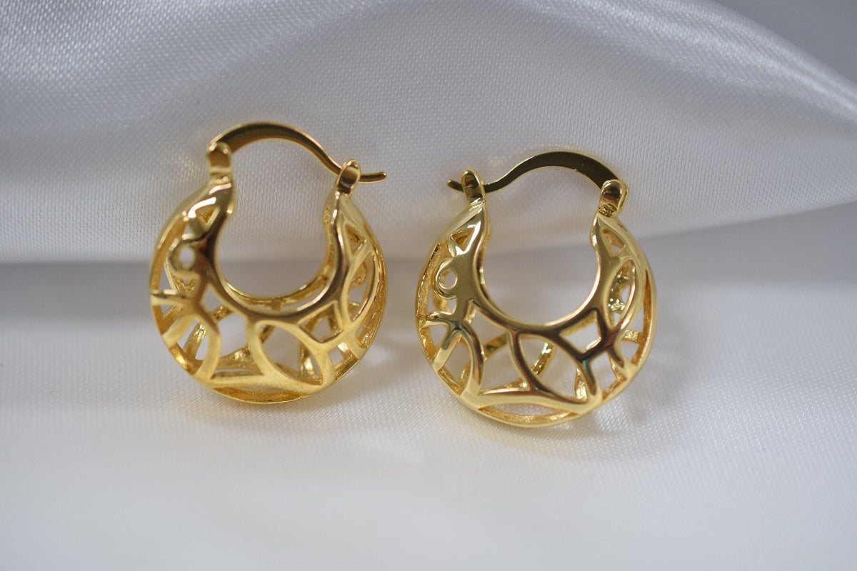 Filigree Bamboo Hoop Earring Gold Filled EP 18Kt , Jewelry Earring gift for her 25mm Round ,8mm thickness Hugging Earring...