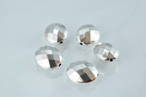 Faceted Disco Oval Matte Silver Spacer, Charm Pendant Beads, 11x14mm (7mm Hole, Alloy Metal, Pack of 5pcs)