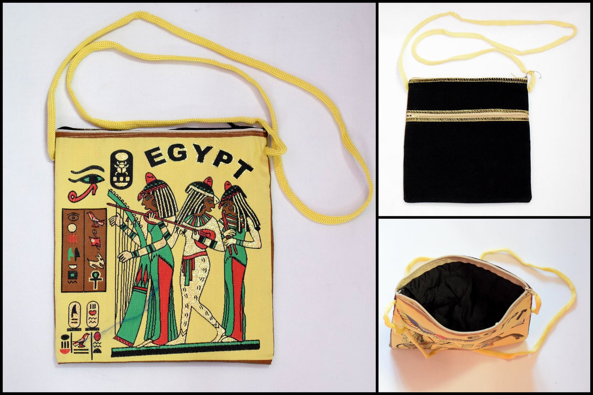 Egyptian Fabric Bags: Nefertiti Design Tote, Black Velvet, Lightweight Long Strip Handle | 7x8 Inch, Artistic Gift Bag
