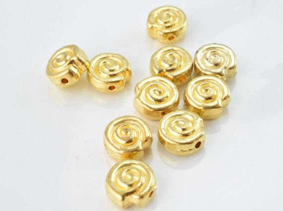 10mm Swirl Gold Plated Beads,10pcs/PK, Double hole opening, 5mm Bead Thickness, 15grams/pk, 1mm hole jewelry making suppli...