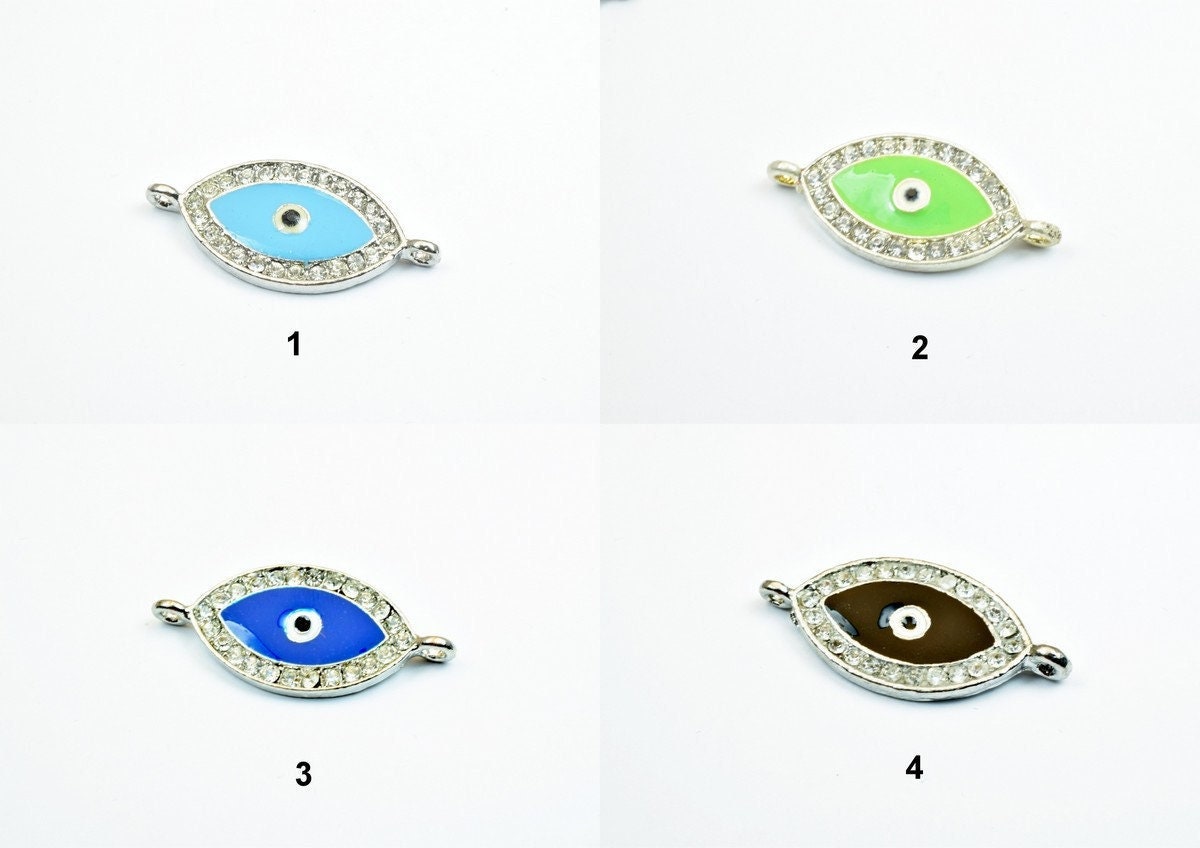 4 PCs Evil Eye Pave Crystal Rhinestone Spacer Connector Beads Size 34x16mm 2 Jump Rings Size 1.5mm Thickness 3mm Charm Pen...