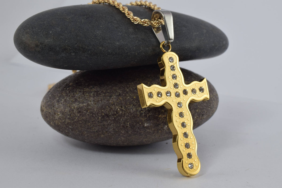 18K Gold Filled Cross Stainless Steel Pendants Cubic Zirconia Size 44x25mm, Christian Religious Charm Communion Baptism Fo...