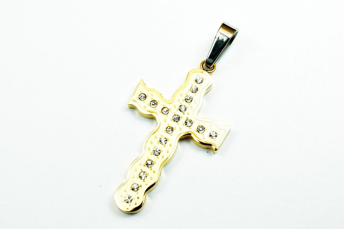 18K Gold Filled Cross Stainless Steel Pendants Cubic Zirconia Size 44x25mm, Christian Religious Charm Communion Baptism Fo...