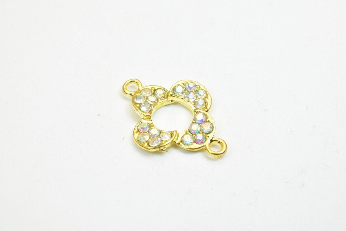 Clover Flower Rhinestone Connecting Charm with Pave Beads 4 PCs Size 21x15mm Thickness 3mm 2 Jump Rings 1.5mm For Jewelry...