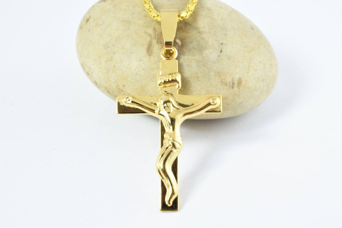 18K Gold Filled Pendant Cross: Jesus Figure - Durable Copper, Tarnish-Resistant Finish, Rosary Jewelry Component