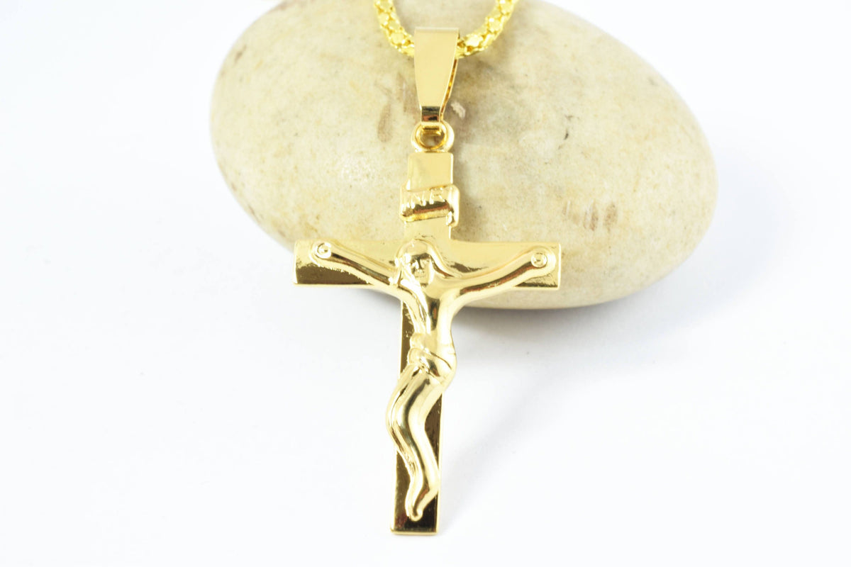 18K Gold Filled Pendant Cross: Jesus Figure - Durable Copper, Tarnish-Resistant Finish, Rosary Jewelry Component