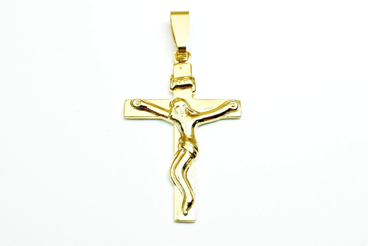 18K Gold Filled Pendant Cross: Jesus Figure - Durable Copper, Tarnish-Resistant Finish, Rosary Jewelry Component
