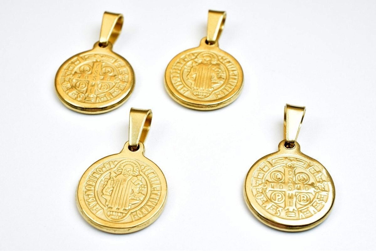 Saint Benedict Medal Pendant Gold Filled: Double-Sided Religious Charm - 18K Gold Tone, Round Design, Rosary & Necklace Use