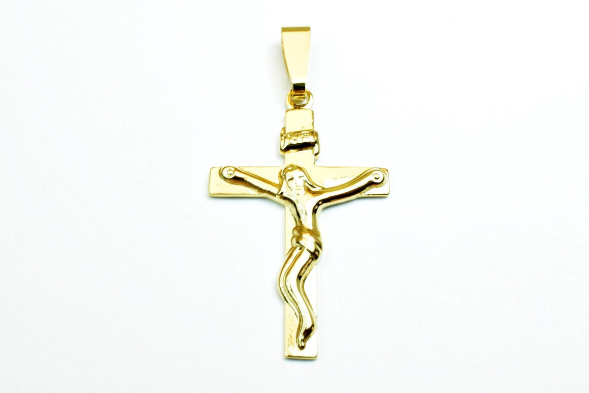 18K Gold Filled Pendant Cross: Jesus Figure - Durable Copper, Tarnish-Resistant Finish, Rosary Jewelry Component
