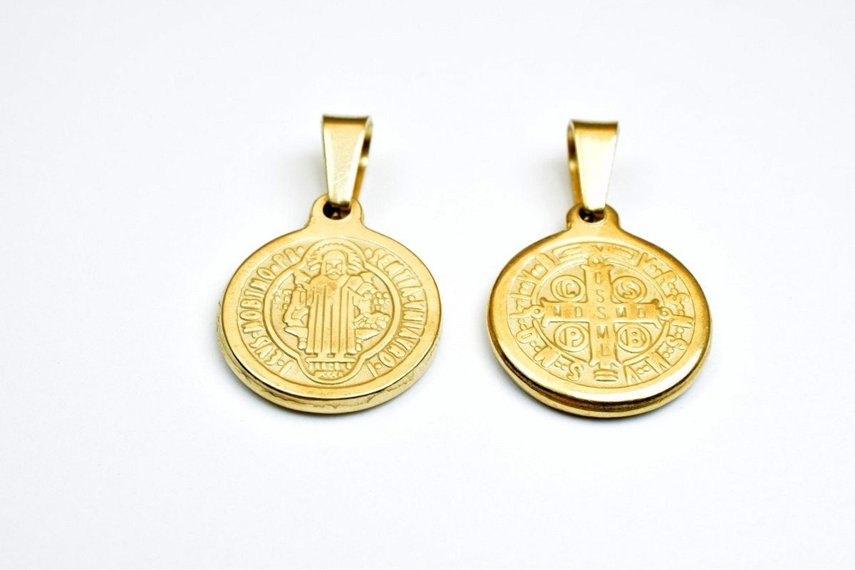 Saint Benedict Medal Pendant Gold Filled: Double-Sided Religious Charm - 18K Gold Tone, Round Design, Rosary & Necklace Use