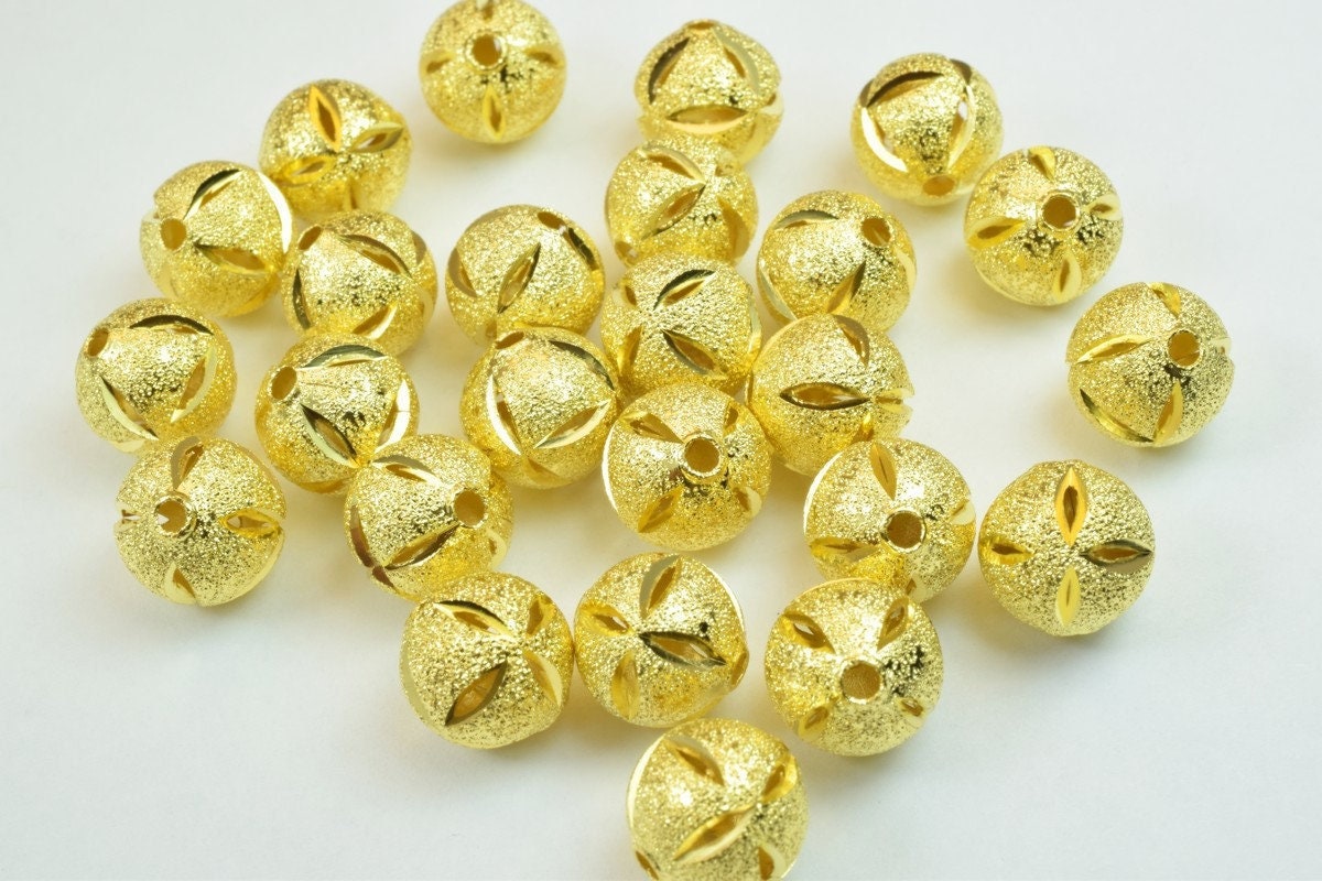 100 PCs Gold Plated Carved Round Beads 8mm/10mm Diamond Cut jewelry making supplies