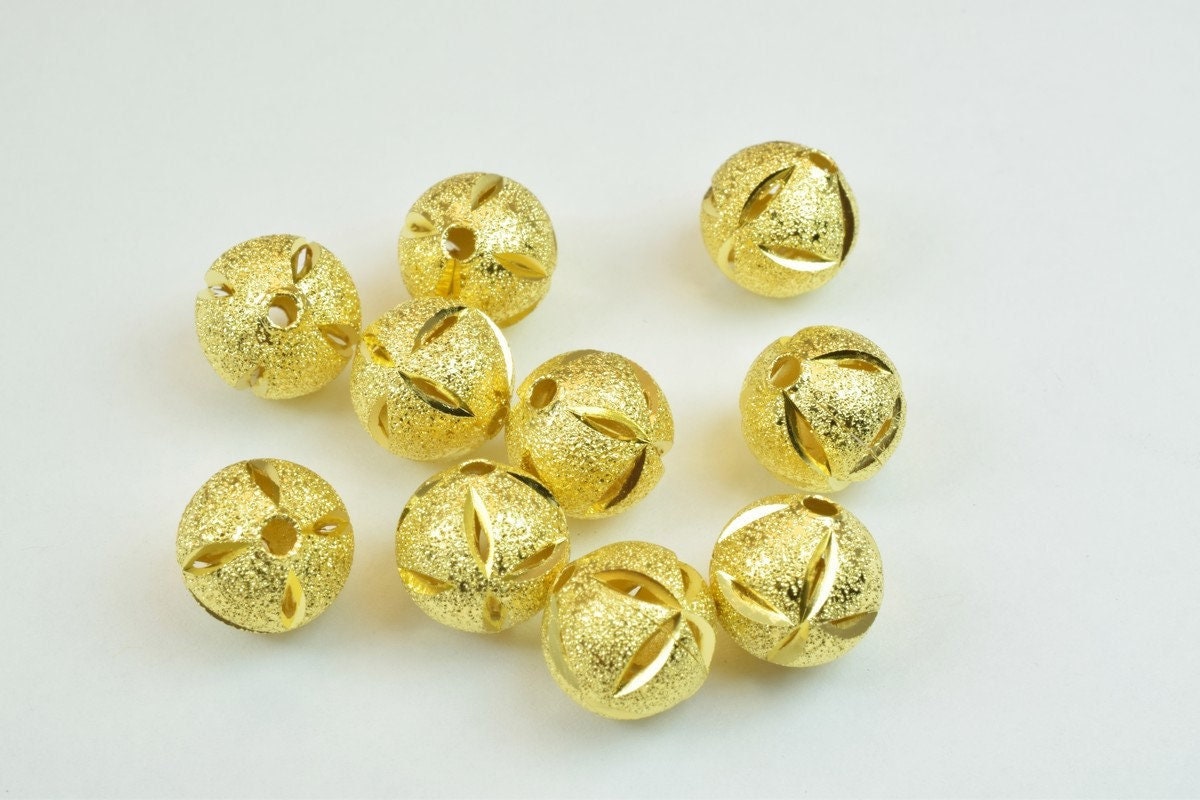 100 PCs Gold Plated Carved Round Beads 8mm/10mm Diamond Cut jewelry making supplies - detail image 2