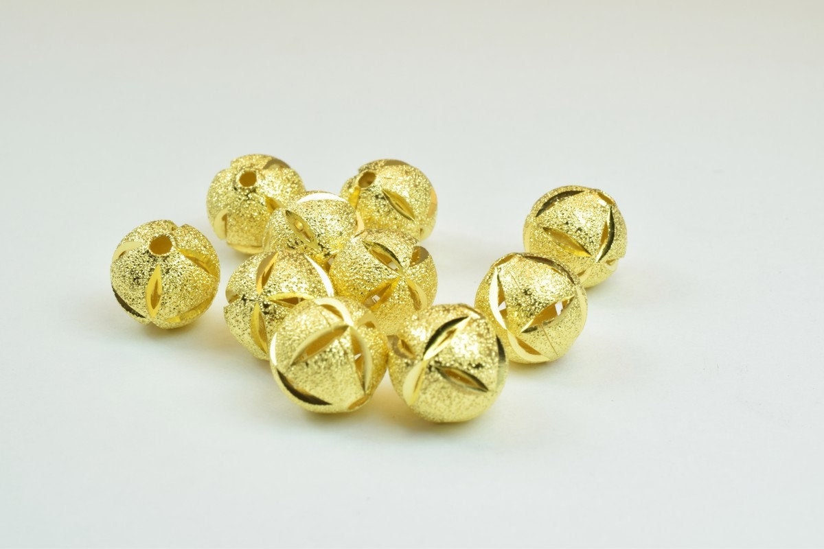 100 PCs Gold Plated Carved Round Beads 8mm/10mm Diamond Cut jewelry making supplies - detail image 5