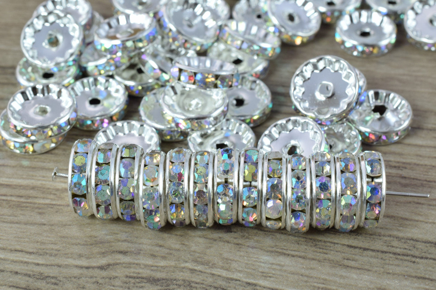 12mm Roundel AB Silver Beads with AB Clear Rhinestone,Best Quality Silver Rondelle Spacer beads Swarovski Crystal (Crystal...