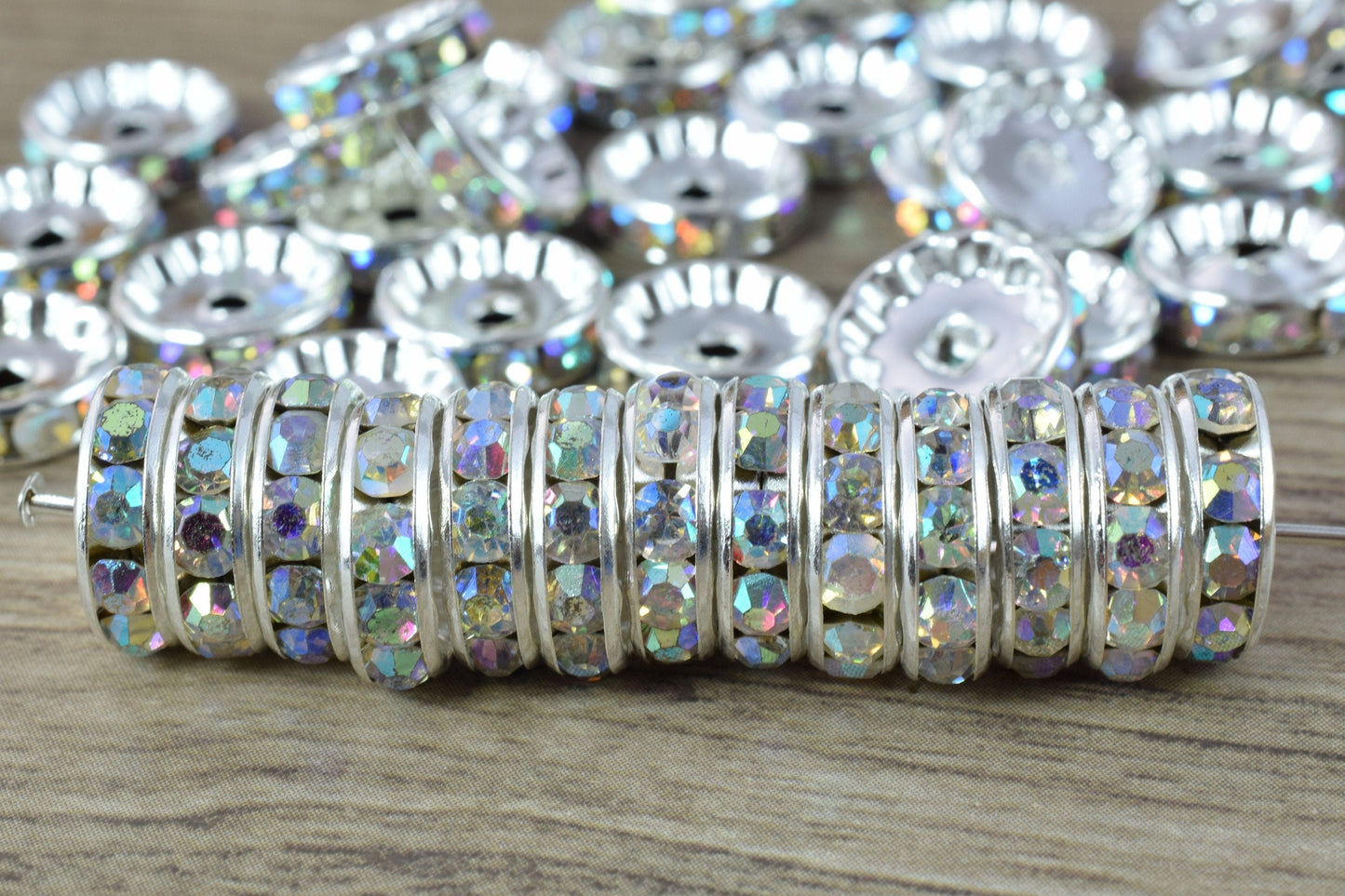 12mm Roundel AB Silver Beads with AB Clear Rhinestone,Best Quality Silver Rondelle Spacer beads Swarovski Crystal (Crystal...