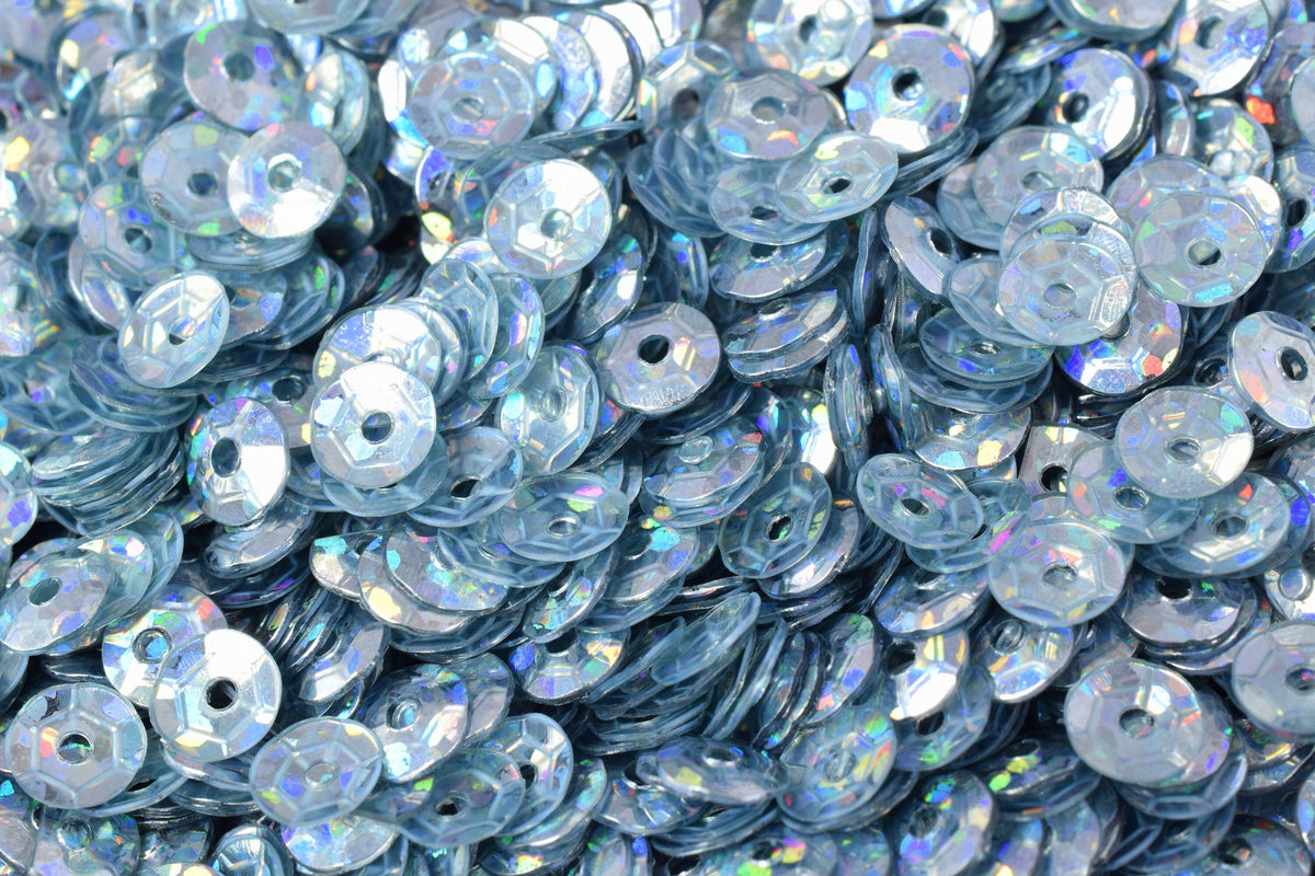Blue Silver Cup Sequins Round Paillettes, Glossy Iridescent Sheen (3/4/6mm Sizes, Lightweight Plastic, 2000pcs Pack)