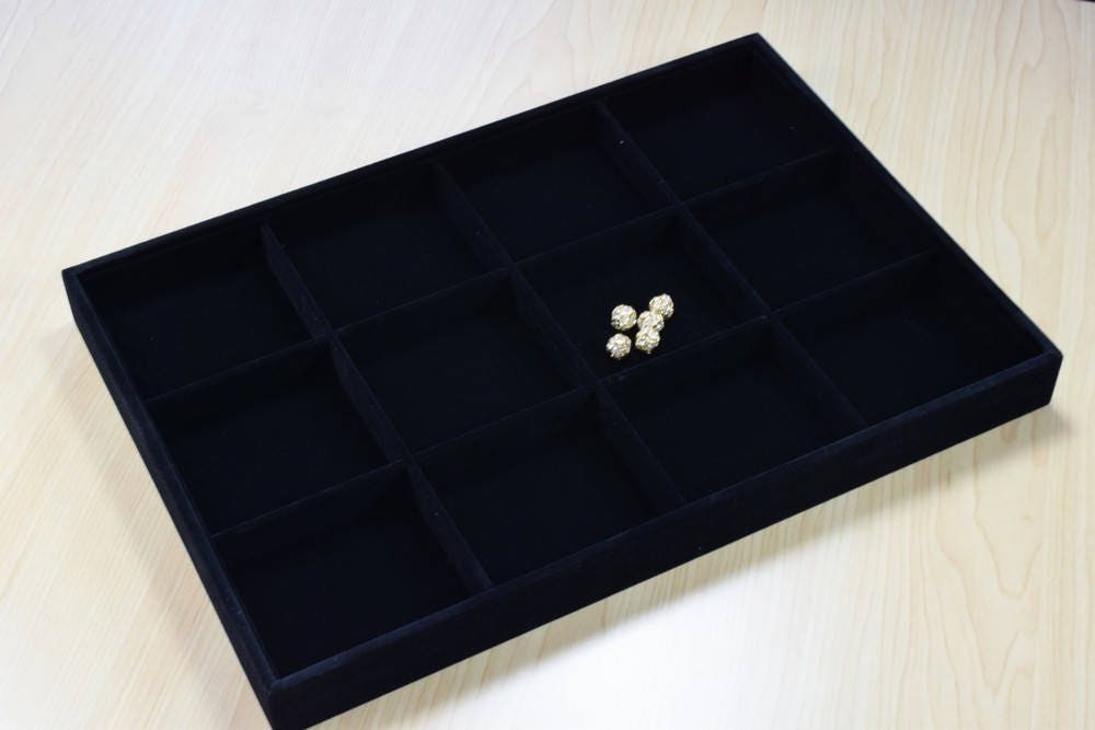Beads Organizer Tray Black Velvet Display Size 14"x9.5"x1.25", 12 Compartments for Beads or Chain or Coins Display, Item#...