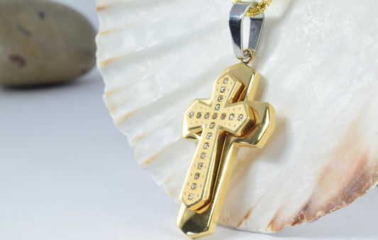 18K Gold Filled Cross Stainless Steel Pendant, CZ Cubic Zirconia Rhinestone Size 43x25mm Christian Religious Rosary or Jew...
