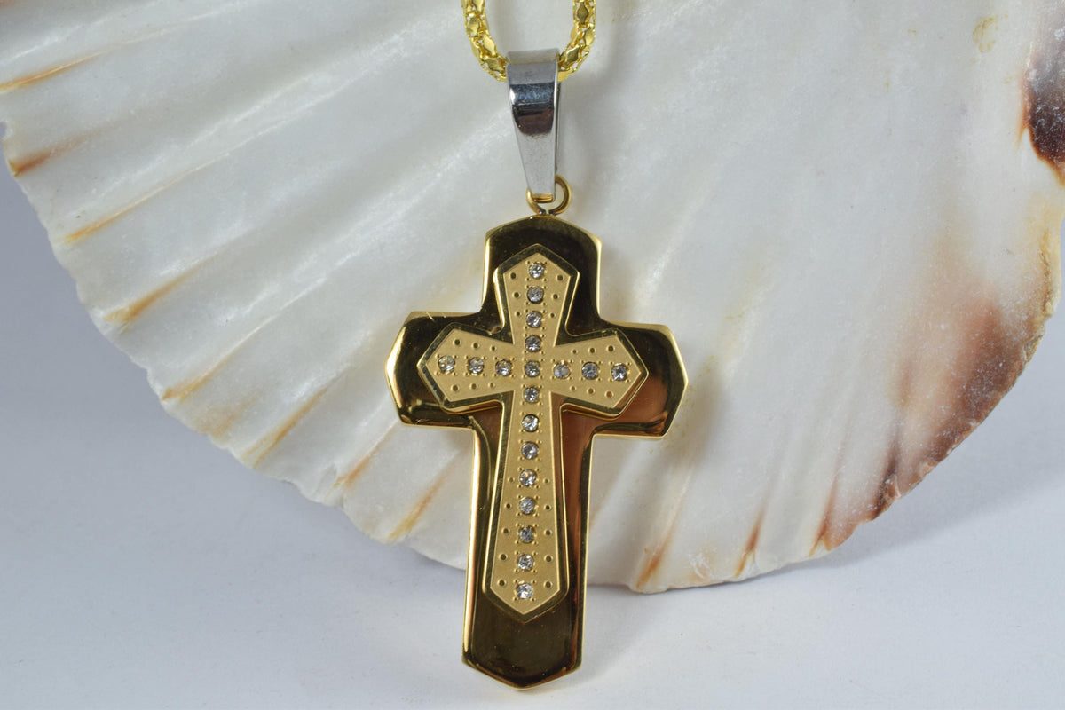 18K Gold Filled Cross Stainless Steel Pendant, CZ Cubic Zirconia Rhinestone Size 43x25mm Christian Religious Rosary or Jew...