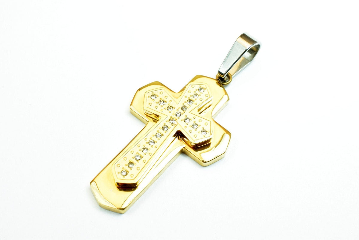 18K Gold Filled Cross Stainless Steel Pendant, CZ Cubic Zirconia Rhinestone Size 43x25mm Christian Religious Rosary or Jew...