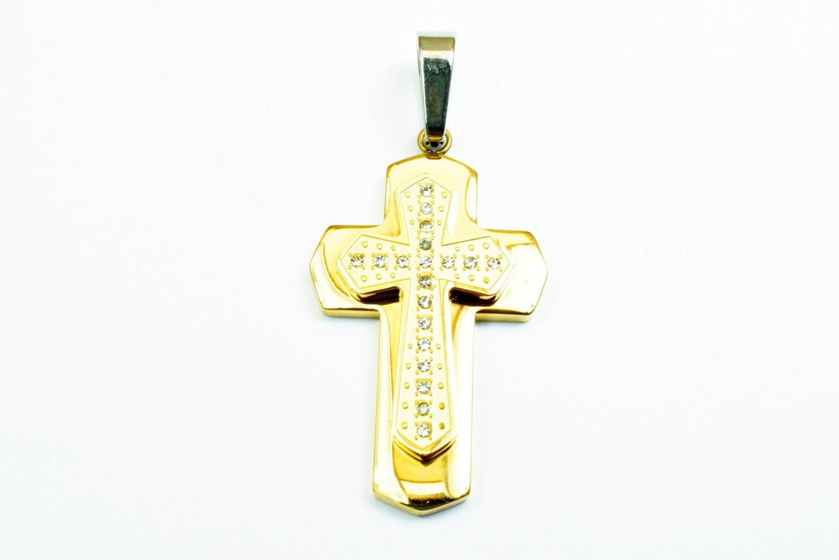 18K Gold Filled Cross Stainless Steel Pendant, CZ Cubic Zirconia Rhinestone Size 43x25mm Christian Religious Rosary or Jew...