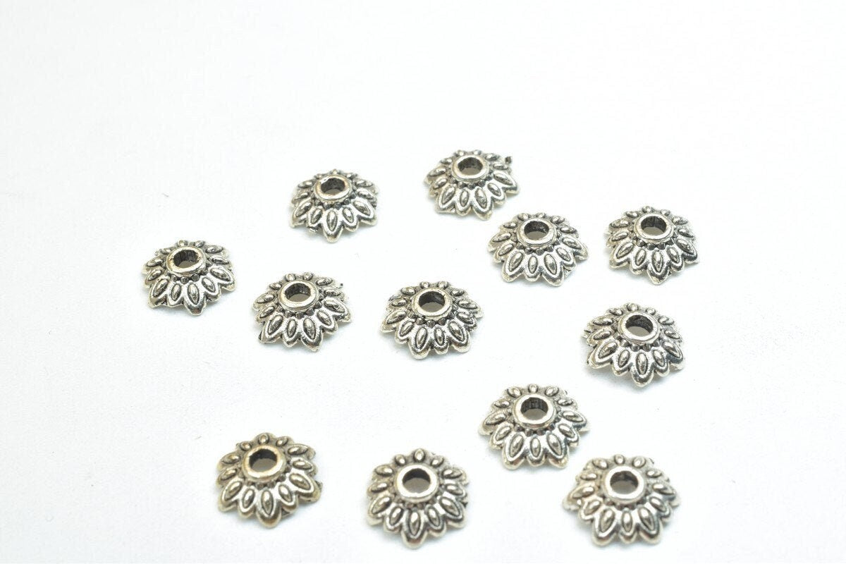 Flower Beads Caps: Antique Silver Finish - 8mm Diameter, 2mm Hole, Metal Alloy for Crafting Jewelry