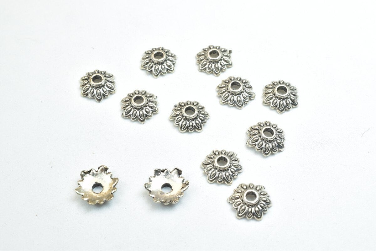 Flower Beads Caps: Antique Silver Finish - 8mm Diameter, 2mm Hole, Metal Alloy for Crafting Jewelry
