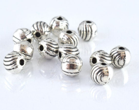 5mm Antique Ridge Beads - Vintage Style Silver Round Metal Beads - 1.5mm Hole Opening, 40pcs Pack, Jewelry Crafting Supplies