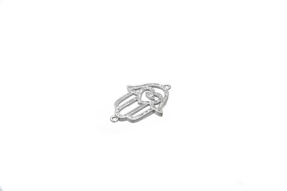 Hamsa Hand Micro Pave Connector: Clear Cubic Zirconia Stones - Rhodium , Tarnish Resistant Gold, Jewelry Making Beads