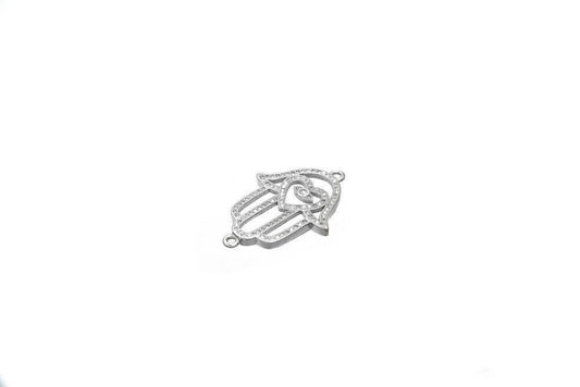 Hamsa Hand Micro Pave Connector: Clear Cubic Zirconia Stones - Rhodium , Tarnish Resistant Gold, Jewelry Making Beads