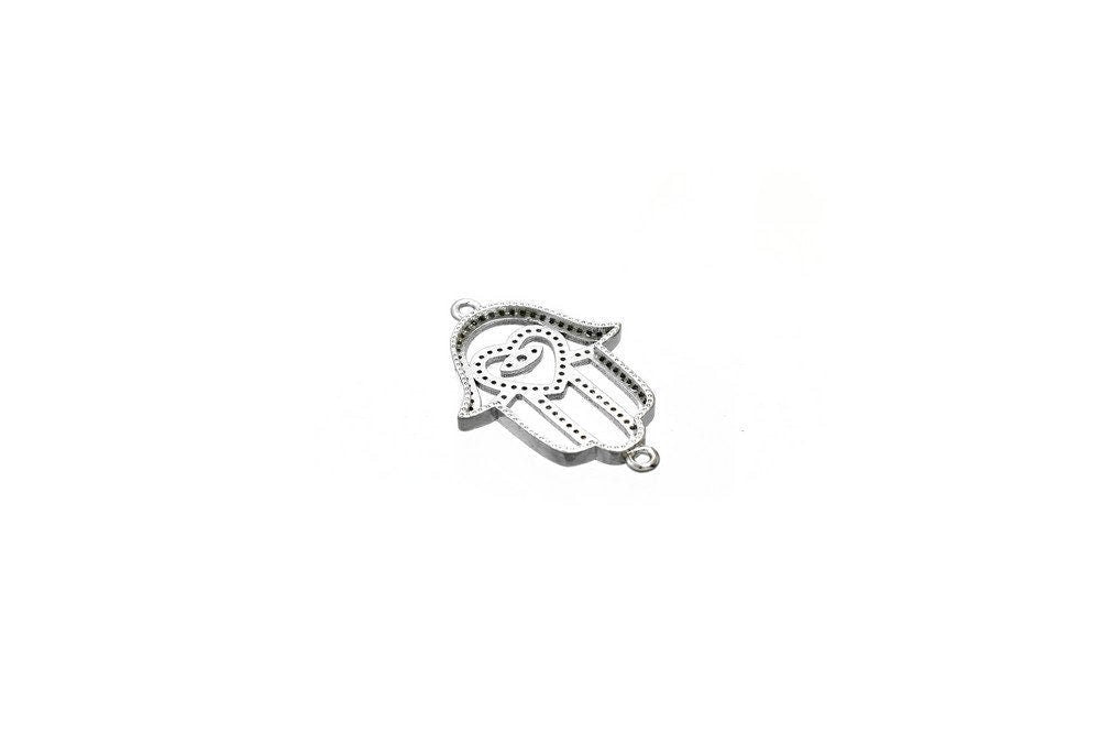 Hamsa Hand Micro Pave Connector: Clear Cubic Zirconia Stones - Rhodium , Tarnish Resistant Gold, Jewelry Making Beads