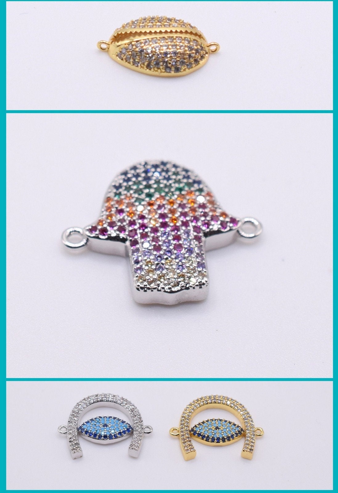 Hand Horse Shoes Micro Pave CZ Beads, Horizontal Connector, Gold Silver Plated (22mm, Jump Ring Included, Rhinestone Craft Supplies)