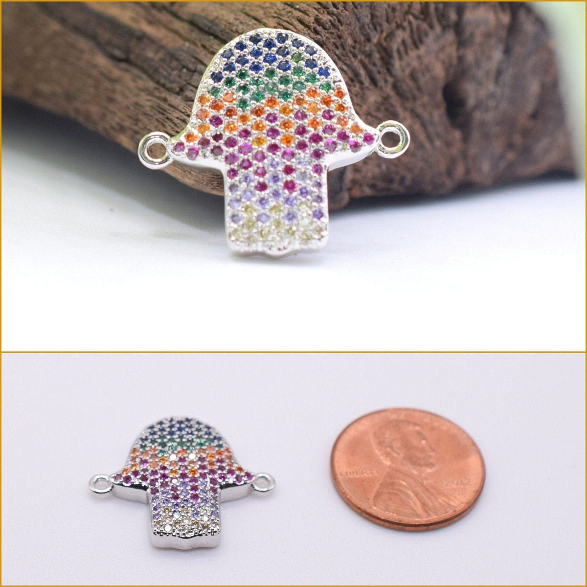 Hand Horse Shoes Micro Pave CZ Beads, Horizontal Connector, Gold Silver Plated (22mm, Jump Ring Included, Rhinestone Craft Supplies)