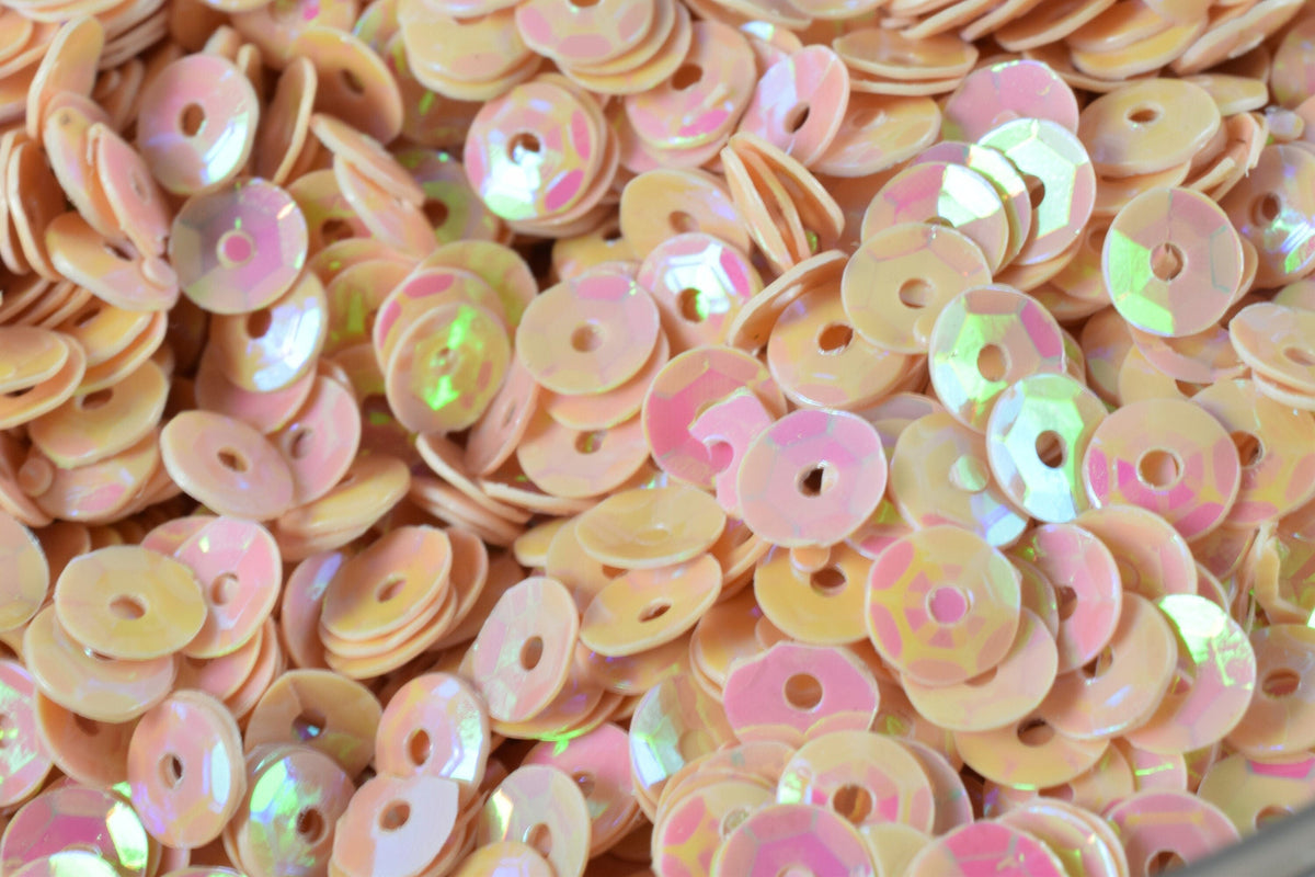 Peach Baby Pink Sequins Iridescent Round Cups, 3/4/6mm Sizes (Center Hole Opening, Lightweight Plastic, Sewing and Craft Use)
