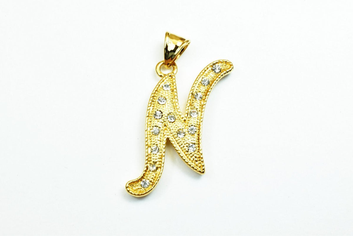 18K as Gold Filled* Letter "N" Pendant With Rhinestone CZ Cubic Zirconia, Size 33x19mm Initial Charm Valentine's Day Gift...
