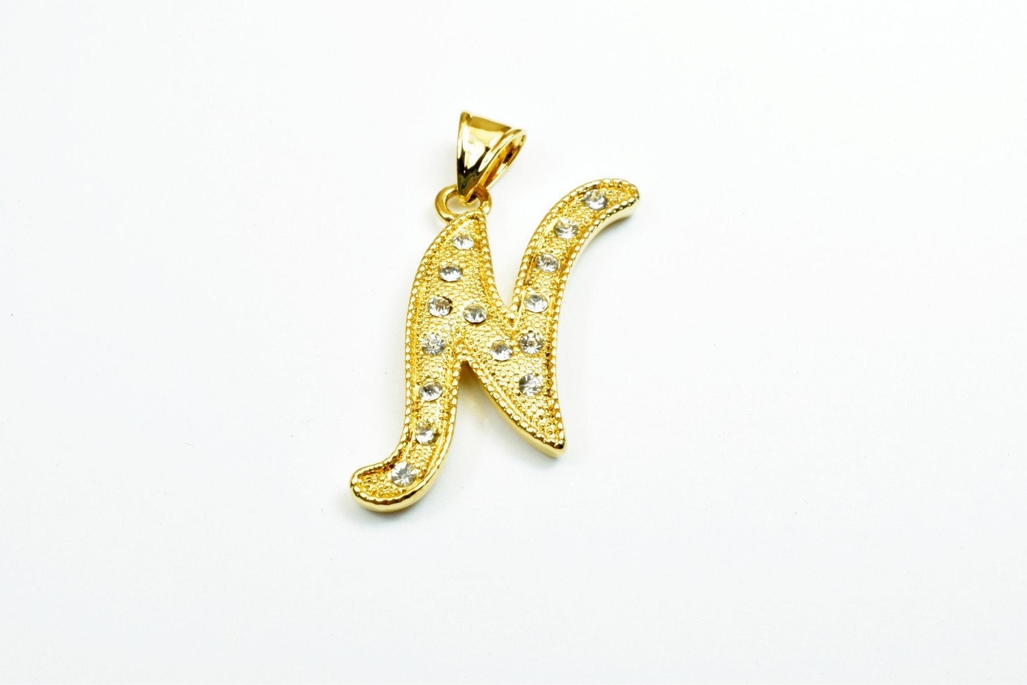 18K as Gold Filled* Letter "N" Pendant With Rhinestone CZ Cubic Zirconia, Size 33x19mm Initial Charm Valentine's Day Gift...