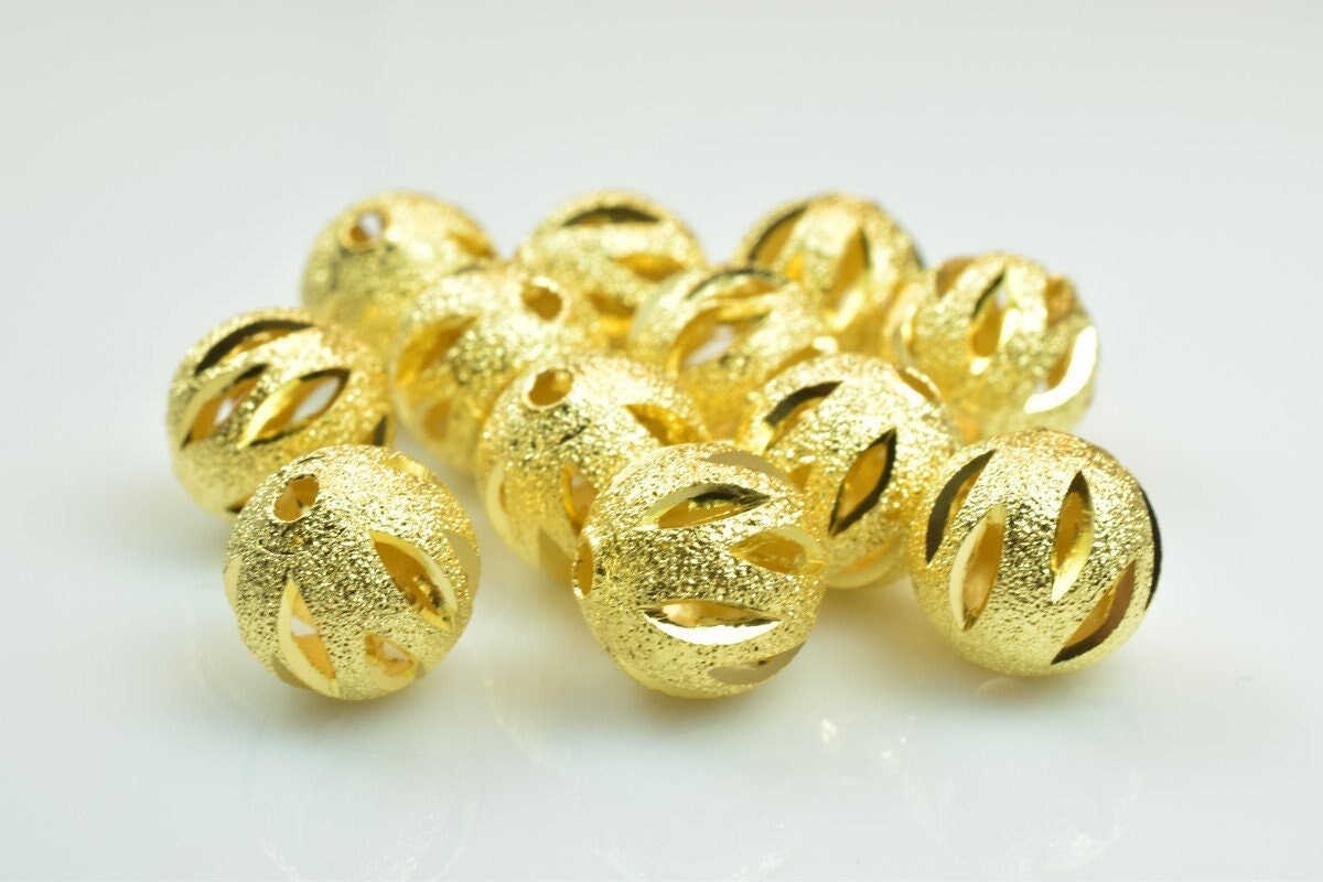 100 PCs Gold Plated Carved Round Beads 8mm/10mm Diamond Cut jewelry making supplies - detail image 4