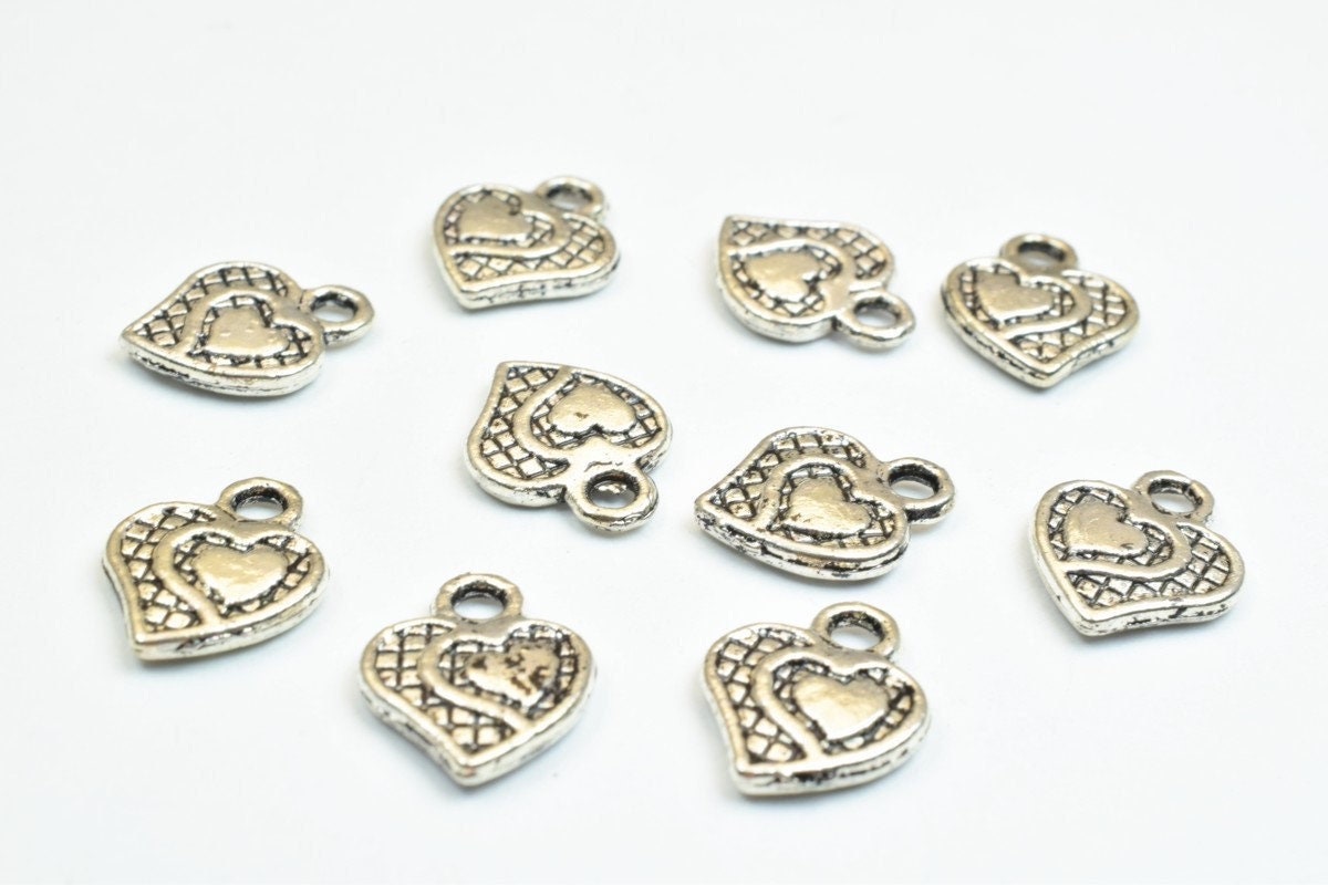 20 PCs Silver Alloy Heart Charm Beads Antique Silver Size 12x10mm Decorative Design Metal Beads 3mm JumpRing Opening for J...