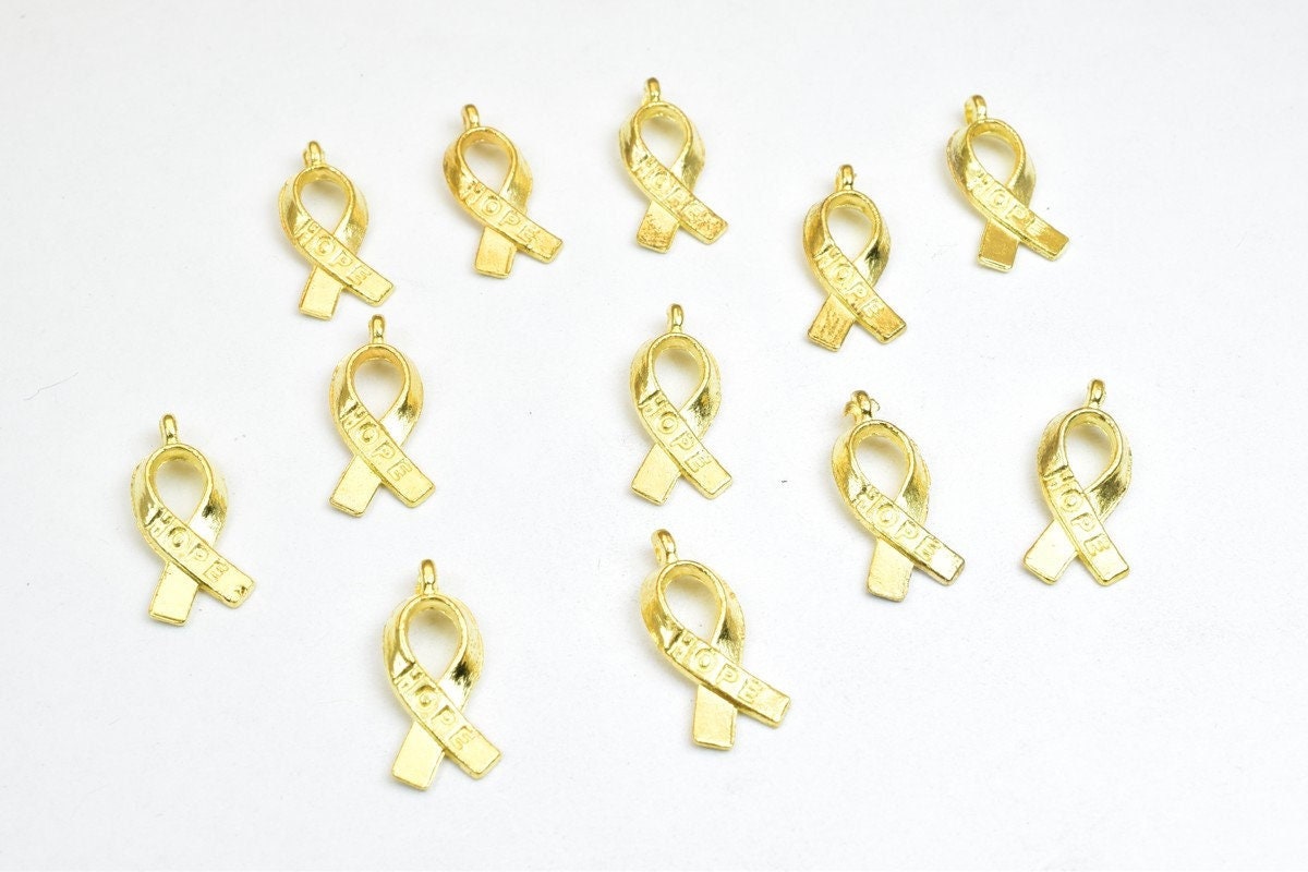 12 PCs Hope Breast Cancer Charm Pendant Bead Gold Size 18x8mm Decorative Design Metal Beads 1mm Jump Ring Opening for Jewe...