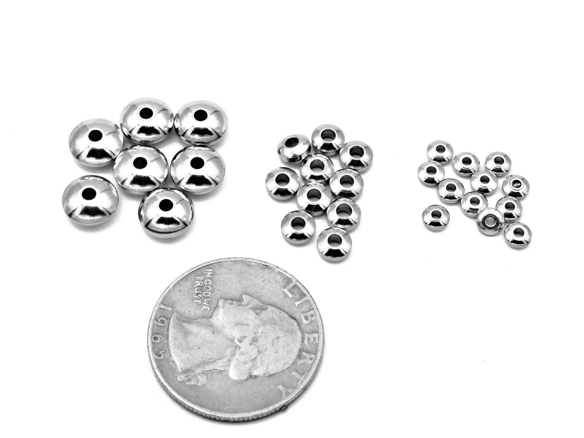 Wheel Roundel Plain Spacer Beads: Silver Rhodium Finish - Stainless Steel, 4mm to 8mm Sizes, Jewelry Findings Bulk Pack