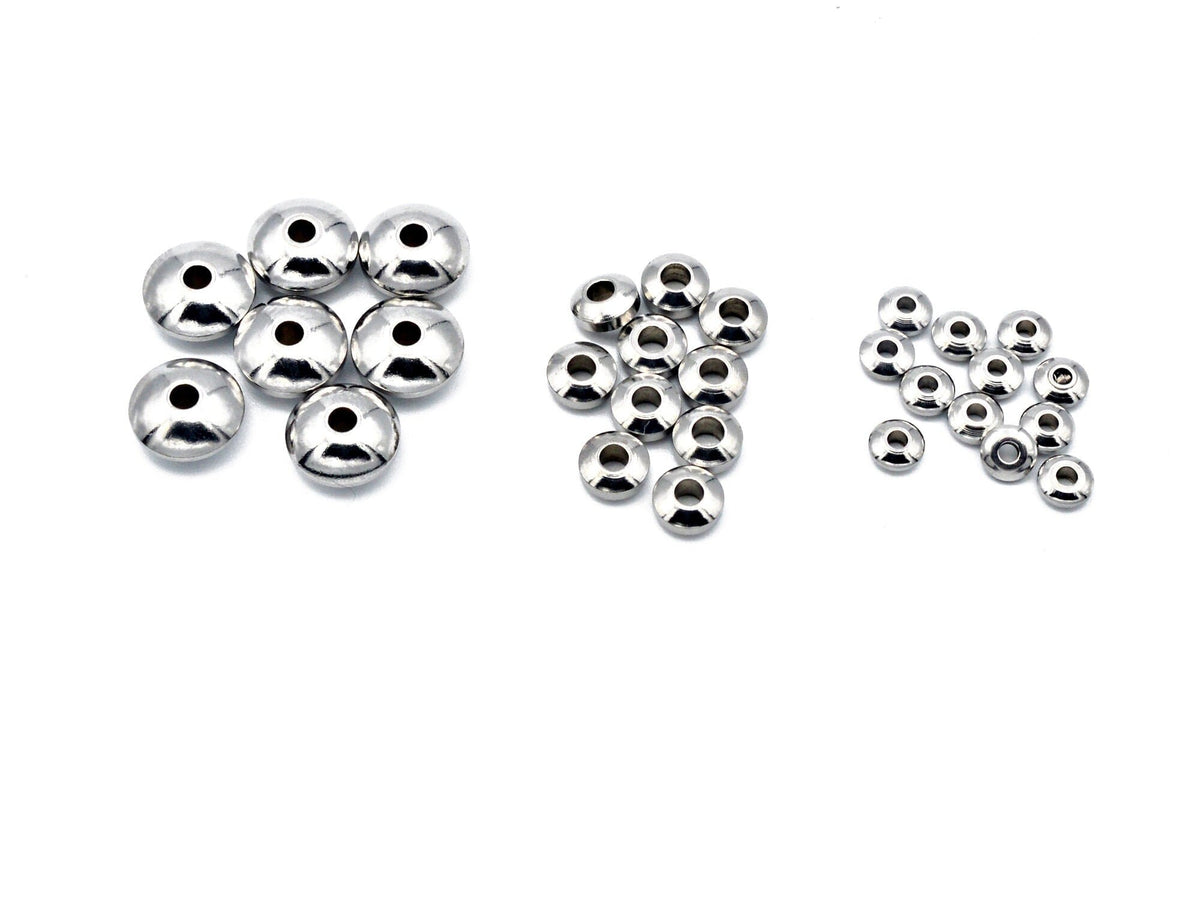 Wheel Roundel Plain Spacer Beads: Silver Rhodium Finish - Stainless Steel, 4mm to 8mm Sizes, Jewelry Findings Bulk Pack