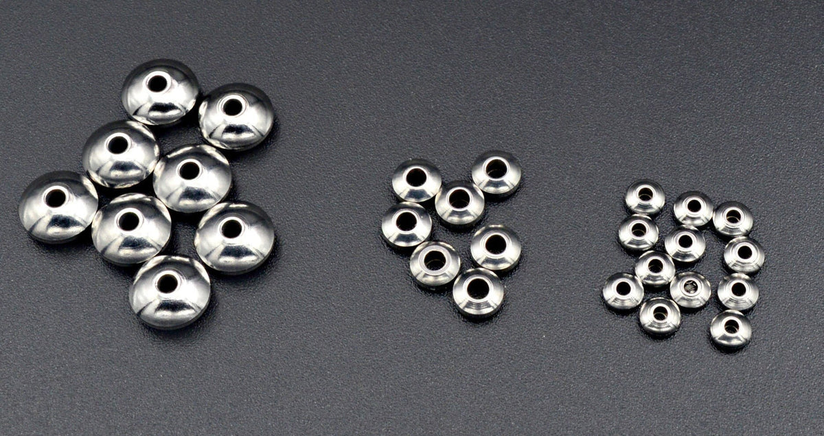 Wheel Roundel Plain Spacer Beads: Silver Rhodium Finish - Stainless Steel, 4mm to 8mm Sizes, Jewelry Findings Bulk Pack